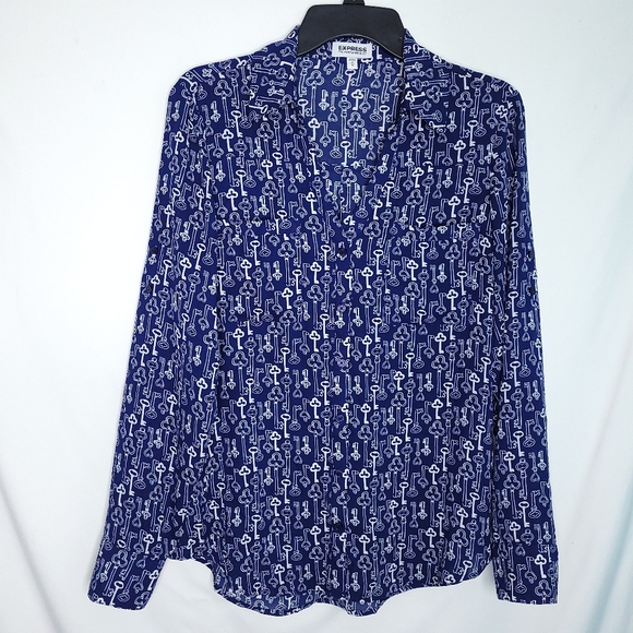 EXPRESS Portofino V-neck Shirt With Allover Key Print MEDIUM - Picture 1 of 12